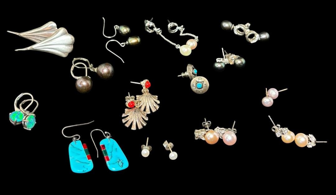 Lot of 14 Assorted Pierced Earrings Native American, Sterling, Mexican (1 of 1)
