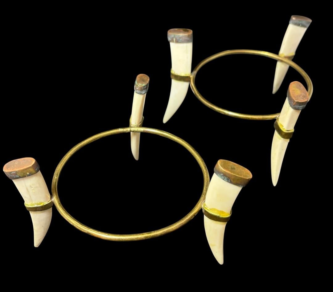 Pair of African Warthog Tusk Decorative Display Stands: Pair of African warthog tusk circular decorative display stands. Measure 4" across and 3" high. Could hold a decorative ostrich egg.