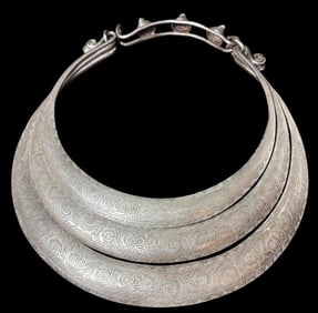 Vintage Tibetan Hmong Three Tier Silver Charm Etched Collar Necklace