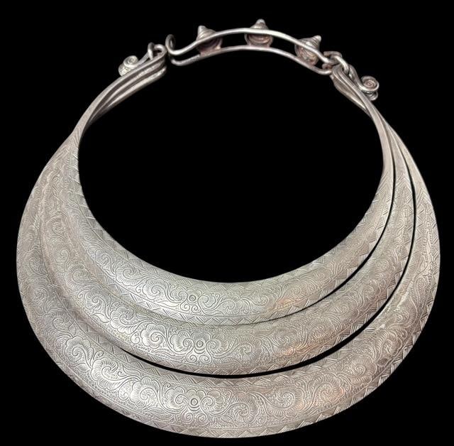 Vintage Tibetan Hmong Three Tier Silver Charm Etched Collar Necklace (1 of 4)