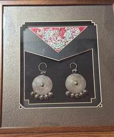 Framed Shadow Box Miao and Dong Minority Earrings and Skirt Remnant