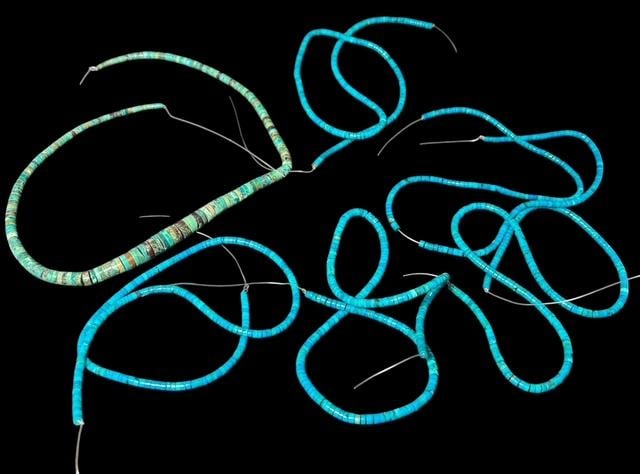 Lot of Six Strung Turquoise Beads Green and Blue: Six strings of turquoise beads about 16" each. Blue and green, no clasps