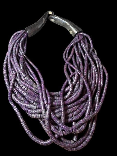 Greta Lynggaard Monies Horn Purple Necklace: Original Monies purple bead necklace with dark brown interlocking horn clasp. Metal Monies stamp. From closure to first string 8"
