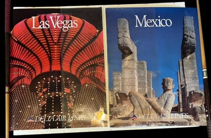 Vintage Delta Airlines Travel Posters Lot of Two Las Vegas and Mexico