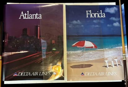 Vintage Delta Airlines Travel Posters Lot of Two Atlanta and Florida