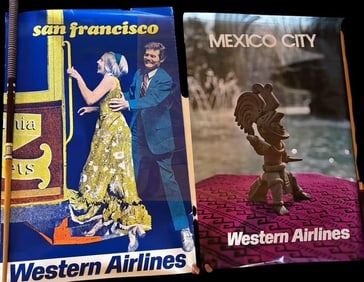 Original Vintage Western Airline Travel Posters Mexico City and San Francisco