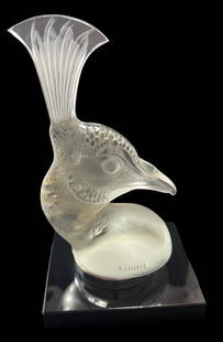 Antique Lalique Peacock Hood Ornament: Antique Lalique peacock hood ornament. Signed R. Lalique/France on base. Often found on luxury cars and known as "The Tete de Paon". Base measures 4"x4" with peacock height of 8". For in-house shippin
