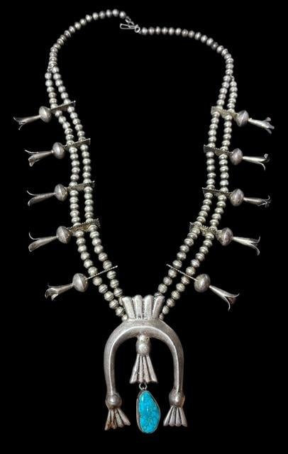 Native American Navajo Sterling and Turquoise Squash Blossom Necklace