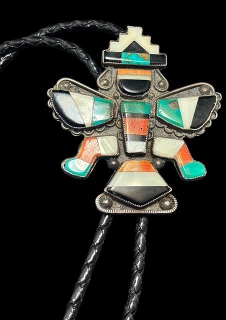 Zuni Inlaid Dancing Man Bolo Tie Set in Sterling (1 of 3)