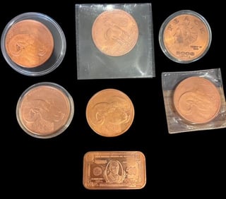 Lot of Seven Copper Rounds/Bar