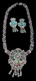 Mexican Sterling and Stone Pendant Necklace and Earring Set