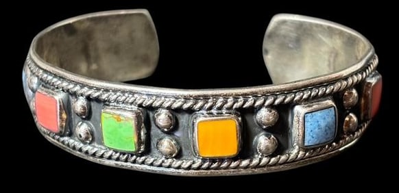 Taxco Mexico Sterling and Stone Cuff Bracelet