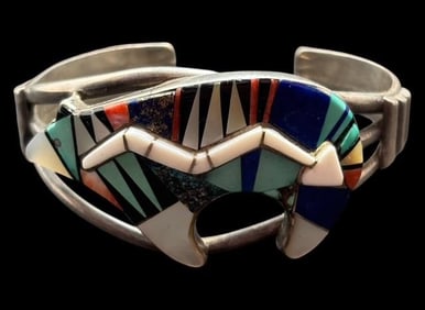 Native American Zuni Sterling and Stone Signed TZ Cuff Bracelet