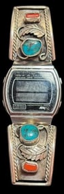 Native American Navajo Sterling, Turquoise and Coral Watchband Signed JP