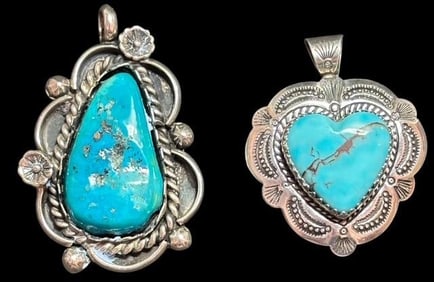 Pair of Native American Sterling and Turquoise Pendants