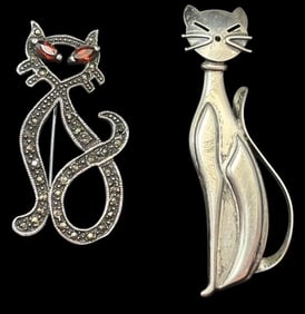 Pair of Sterling Cat Brooches