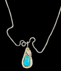 Sterling Necklace with Navajo Sterling and Turquoise Pendant Signed Vance Creama