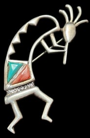 Native American Navajo Sterling, Turquoise and Spiny Oyster Kokopelli Brooch