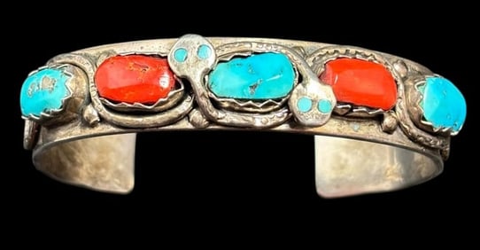 Native American Signed Zuni Sterling and Stone Cuff Bracelet Effie C. Serpent Inlay