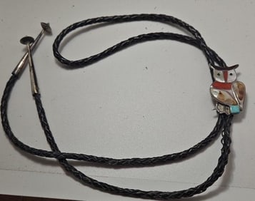 Native American Zuni Sterling Bolo Tie Signed Velma Blake Lesanoll