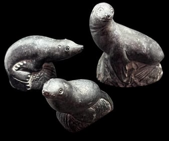 Lot of Three Inuit Soapstone Seal Sculptures Signed WE