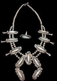 Navajo Squash Blossom with Mother of Pearl Inlay and Matching Ring
