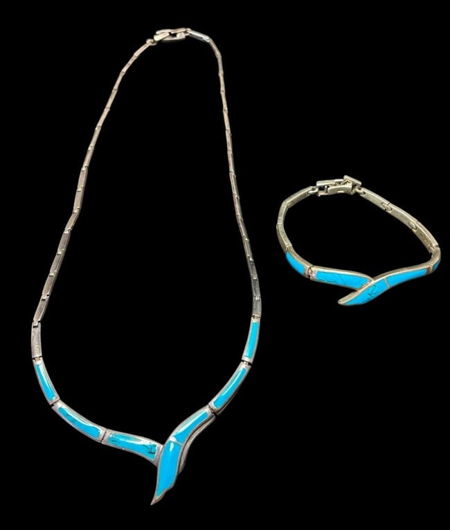 Sterling and Turquoise Necklace and Bracelet Set (1 of 3)