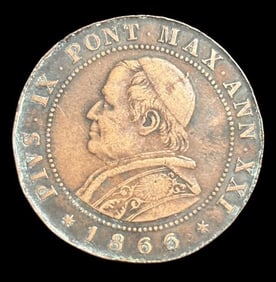 Copper Two Soldi 1866 Coin PIVS IX Pont Max Ann XXI