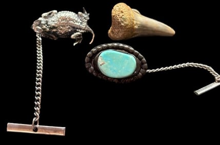 Lot of Three Tie Tacks Shark Tooth, Turquoise, Sterling