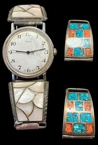Lot of Two Native American Sterling Watch Band Ends and Watch