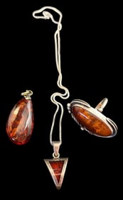 Lot of Three Amber and Sterling Jewelry Ring, Pendant, Necklace with Pendant