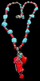 Native American Coral and Turquoise Pendant Necklace