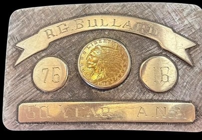Stunning 1914 Gold Indian Head 2 1/2 Dollar Coin in Sterling Signed Belt Buckle