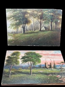 Antique Lot of Two Austrian Painted Oil on Wood Panels