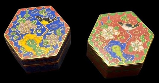 Lot of Two Chinese Cloisonne Hexagon Shaped Trinket Boxes Hexagon