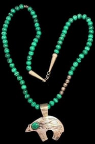 Native American Navajo Malachite and Sterling Pendant Necklace