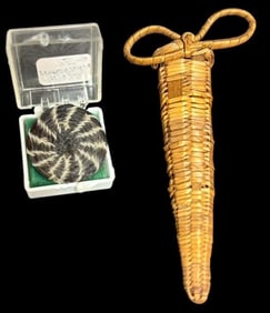 Lot of Two Native American Woven Items Awl Holder and Mini Papago Basket