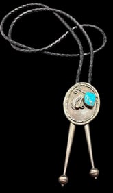 Navajo Native American Signed Lester Ortiz Sterling and Turquoise Bolo Tie