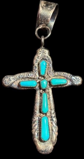 Native American Zuni Signed Wilber Iule Turquoise and Sterling Cross Pendant: Vintage Native American Zuni sterling and turquoise cross pendant. Signed W. Iule (Wilbur Iule). Cross measures 1.75" x 2".