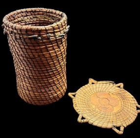 Native American Cherokee Pine Needle Woven Plaque and Basket