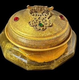 Antique Amber Glass Jeweled Lidded Powder Dresser Jar Ca. 1930s