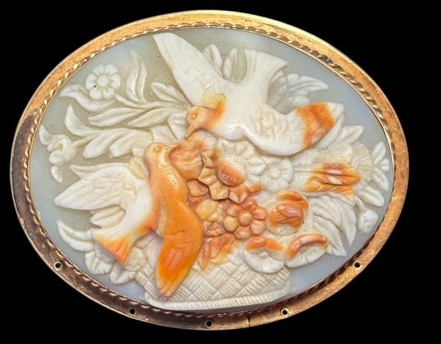 Carved Shell Cameo Brooch: Birds in floral basket carved shell brooch in gold-tone setting. 2" x 1.5"