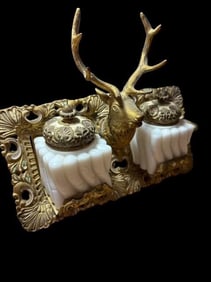 Antique Brass Coated White Metal Double Inkwell Stag Head