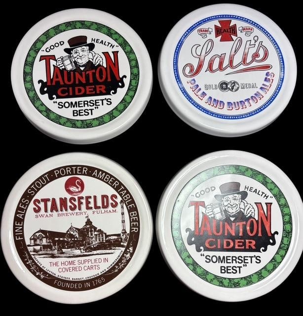 Lot of Four Taunton Pottery Country Crafts Advertising Bar Coasters: Lot of four Taunton Pottery Country Crafts advertising bar coasters. 1) Salts Pale and Burton Ales 2 and 3) Taunton Cider "Somersets Best", 4) Stansfield Swan Brewery. Measures 5.75" across by .75" de