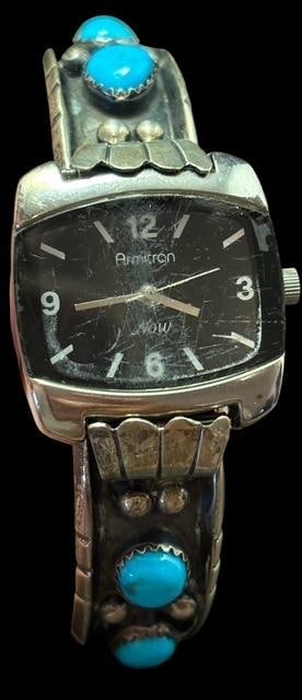 Native American Signed H.O. Sterling and Turquoise Cuff Watch Band (1 of 4)