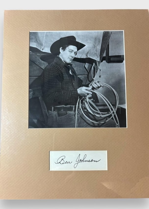 Signature Card and Photo of Academy Award Winner Cowboy Ben Johnson 1950s: Signature card and photo of Cowboy western actor Ben Johnson. From 1950's show "Wagon Master". Matt measures 11" x 14" with signature card 4" x 1.5" and photo 7" x 7.25".
