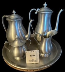 Lenox Kirk Stieff Five-Piece Pewter Tea Service with Round Tray