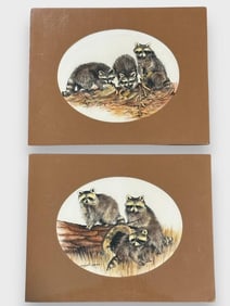 Pair of Margaret O'Brien Raccoon Watercolor Paintings