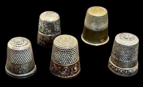 Lot of Five Vintage Sewing Thimbles Sterling, Coin and Stainless