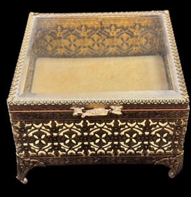 Vintage Ornate Ormolu Gold Tone Filigree Glass Jewelry Box